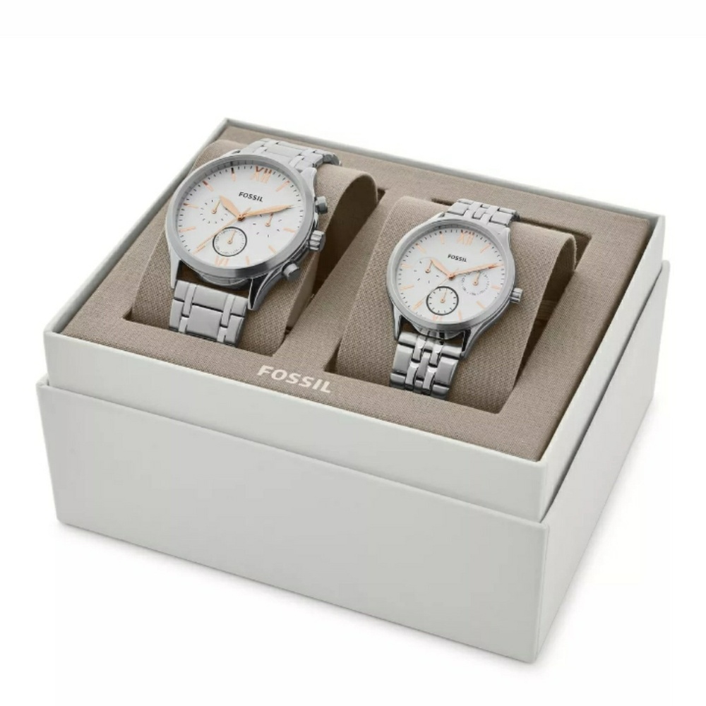 Fossil Couple Gift Set Fenmore White Face Silver